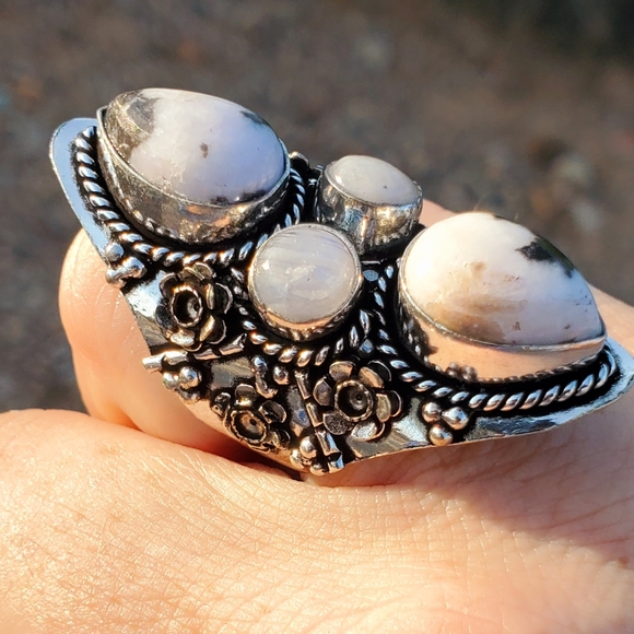 New Zebra Jasper and Rainbow Moonstone 925 Silver Statement Ring. - Picture 7 of 16